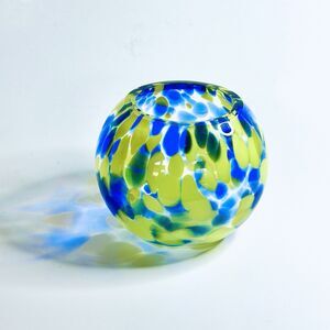 VTG Hand Blown Art Glass Vase Confetti Blue Yellow Round Orb Candle Holder